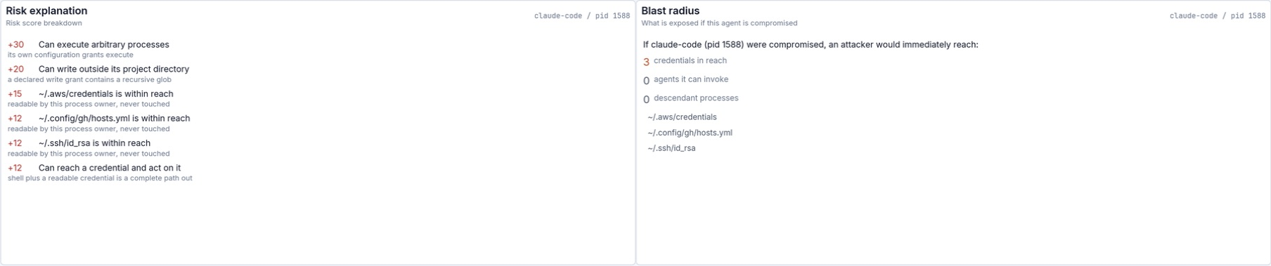 Topgent risk explanation naming factors and a blast-radius view showing resources in reach